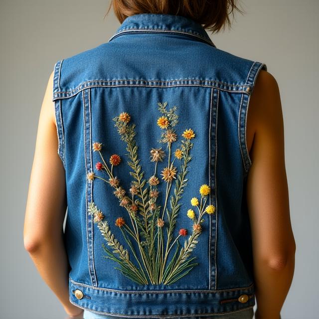 Chaleco vaquero oversized con intrincado bordado a mano de motivos naturales