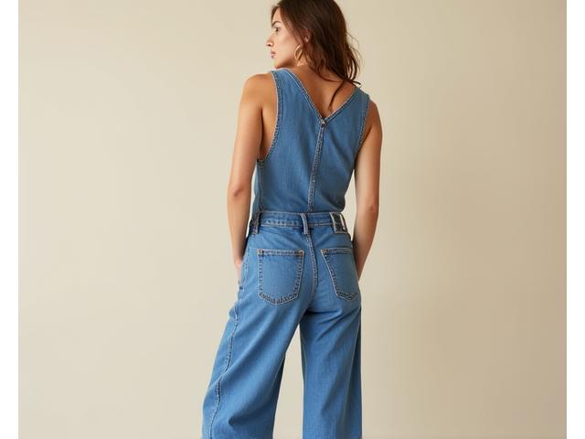 Mono de denim suave, corte recto con detalles de costura a contraste
