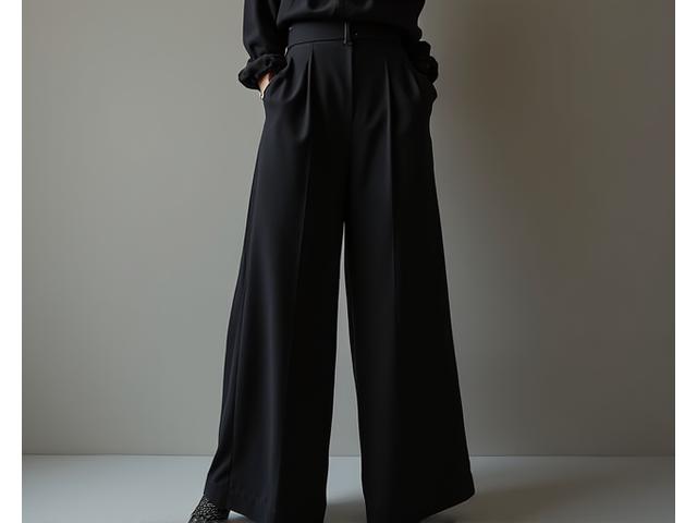 Pantalón de pierna ancha en crepé negro, elegante y fluido