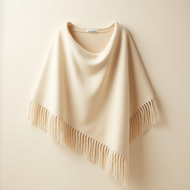 Poncho de cashmere ligero, color beige con flecos delicados