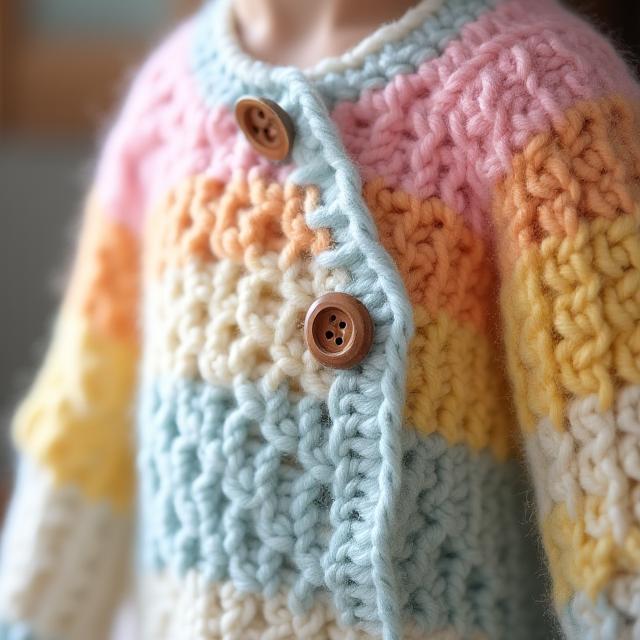 Rebeca corta tejida a crochet en tonos pastel con botones de madera
