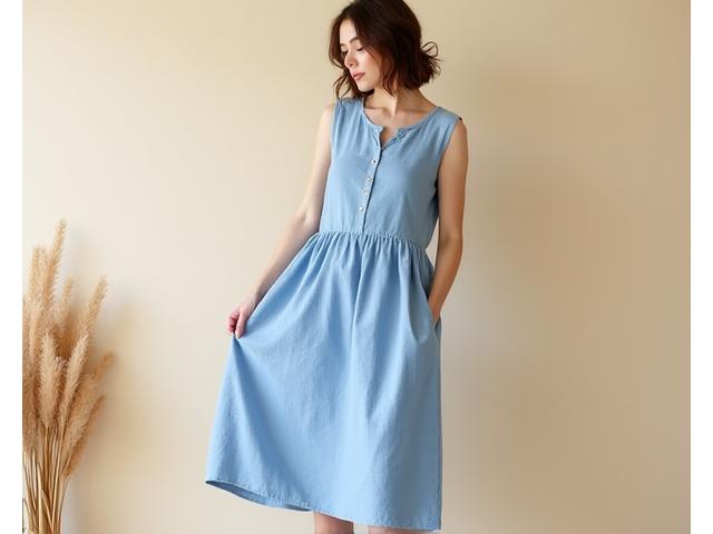 Vestido de lino azul cielo, corte suelto con bordado artesanal